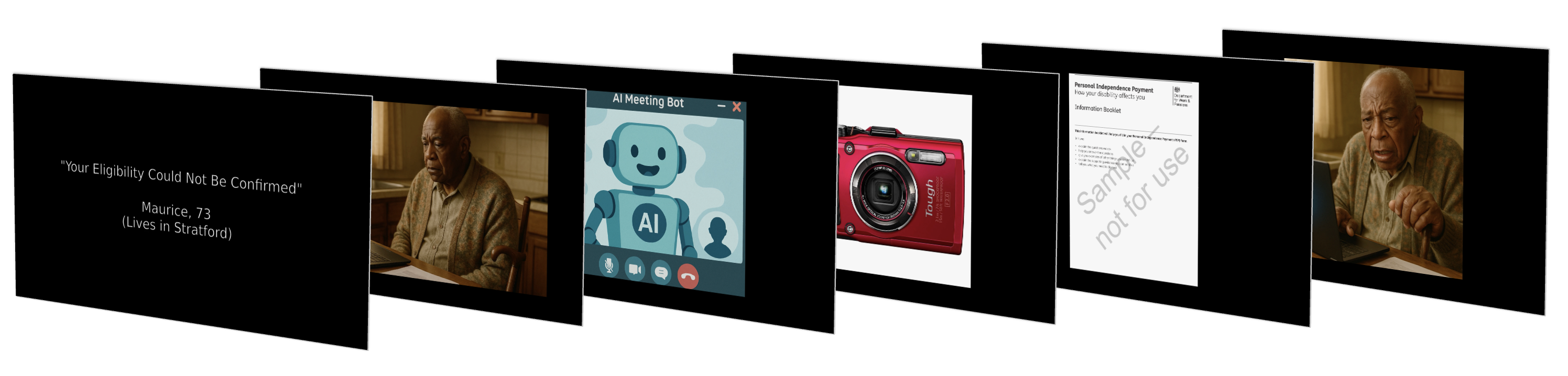 Five video prompt stills side by side on a dark background depicting AI welfare scenarios