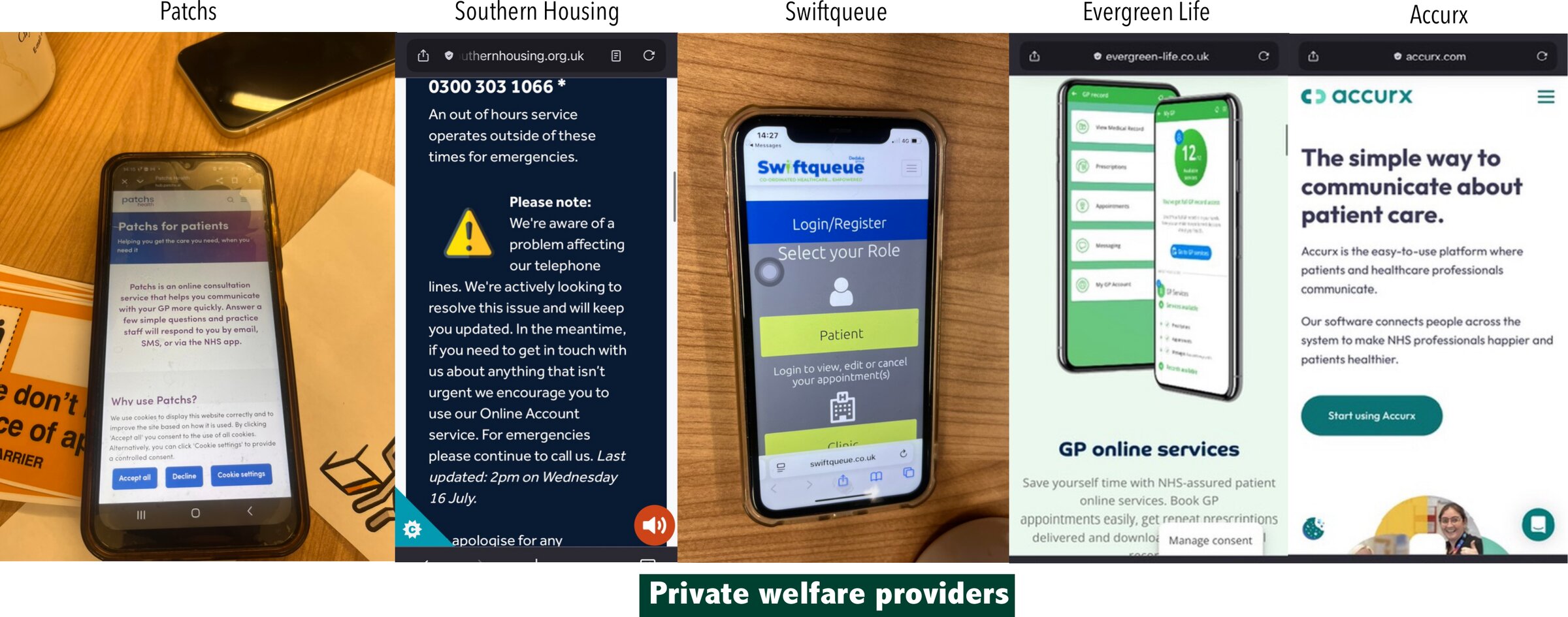 Screenshots of five inaccessible welfare and healthcare apps including Southern Housing, Swiftqueue and Accurx