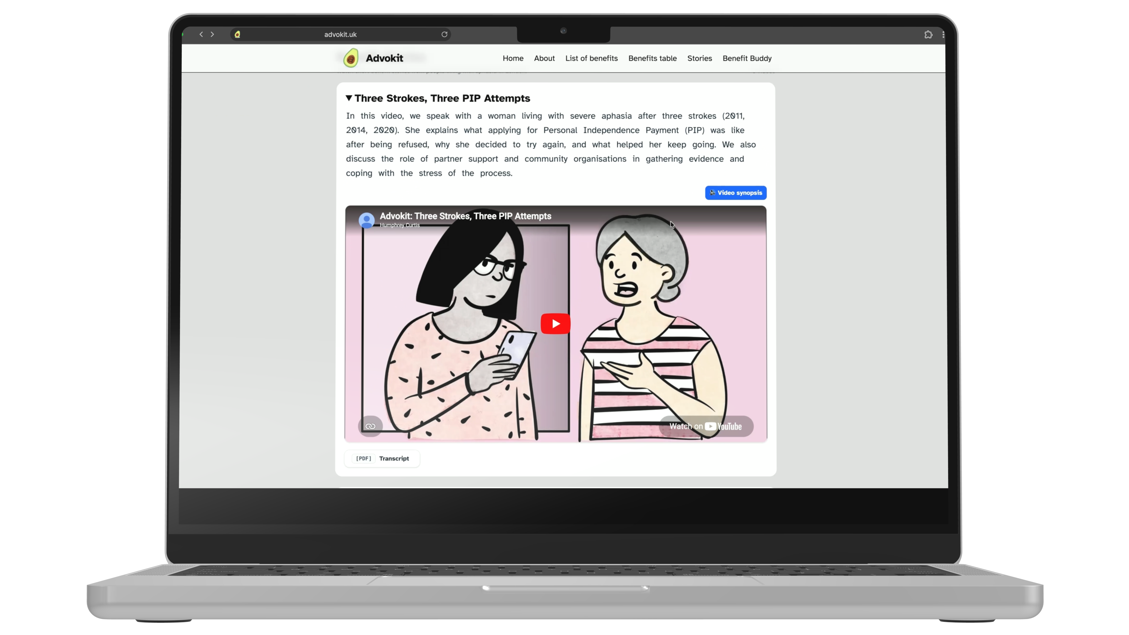 Benefit Stories page featuring commissioned illustrations, accessible synopsis text and read-aloud controls with word highlighting