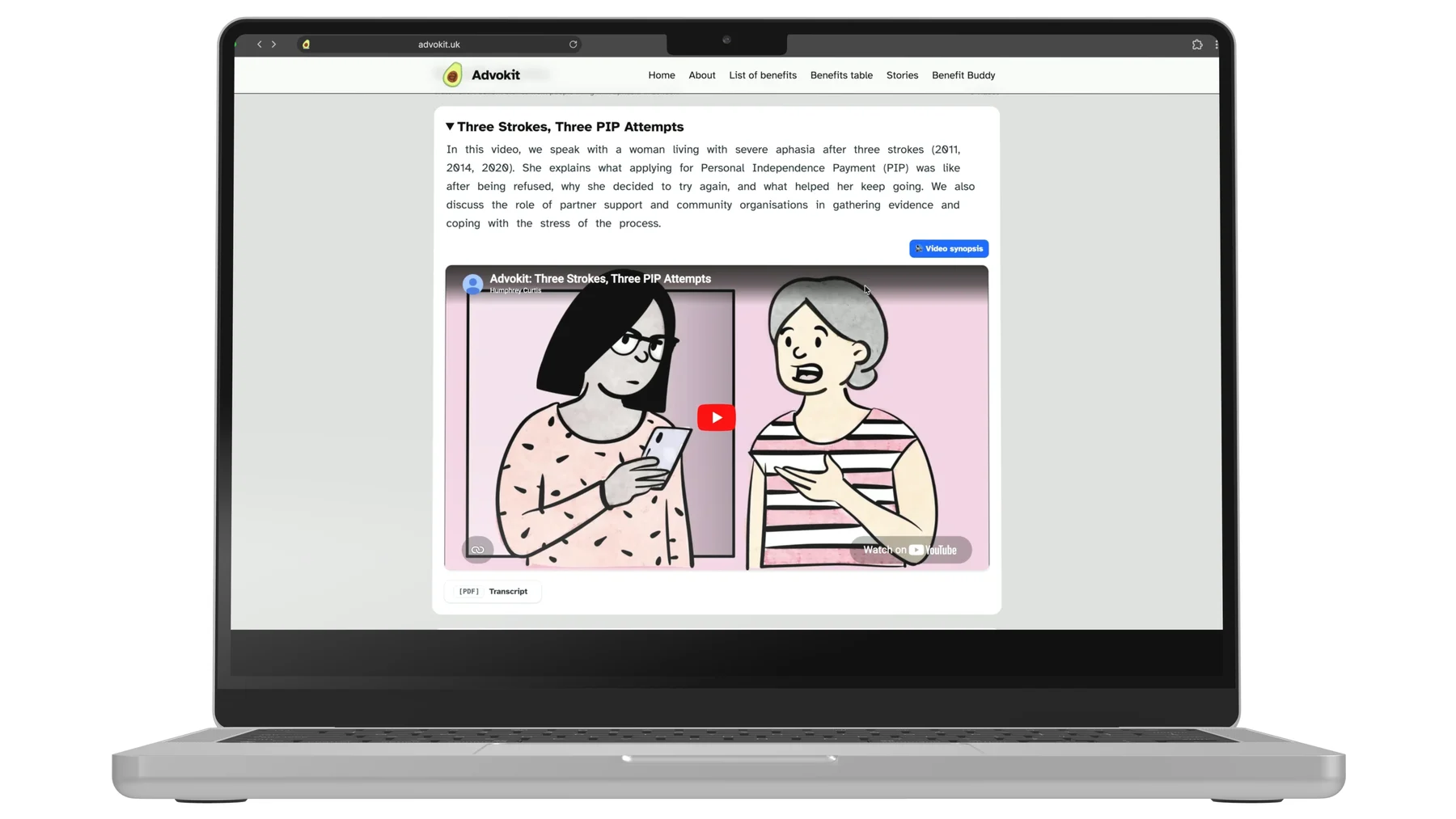 Benefit Stories page featuring commissioned illustrations, accessible synopsis text and read-aloud controls with word highlighting