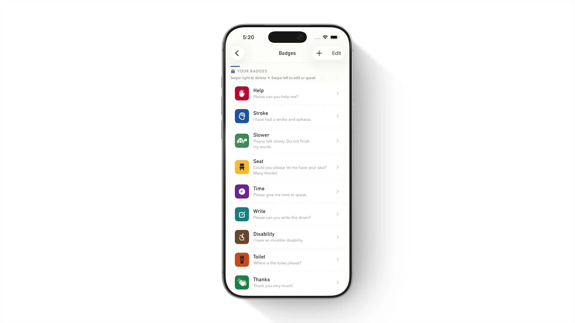 The saved badge library in Walkie Talkie AAC shown in an iPhone device mockup