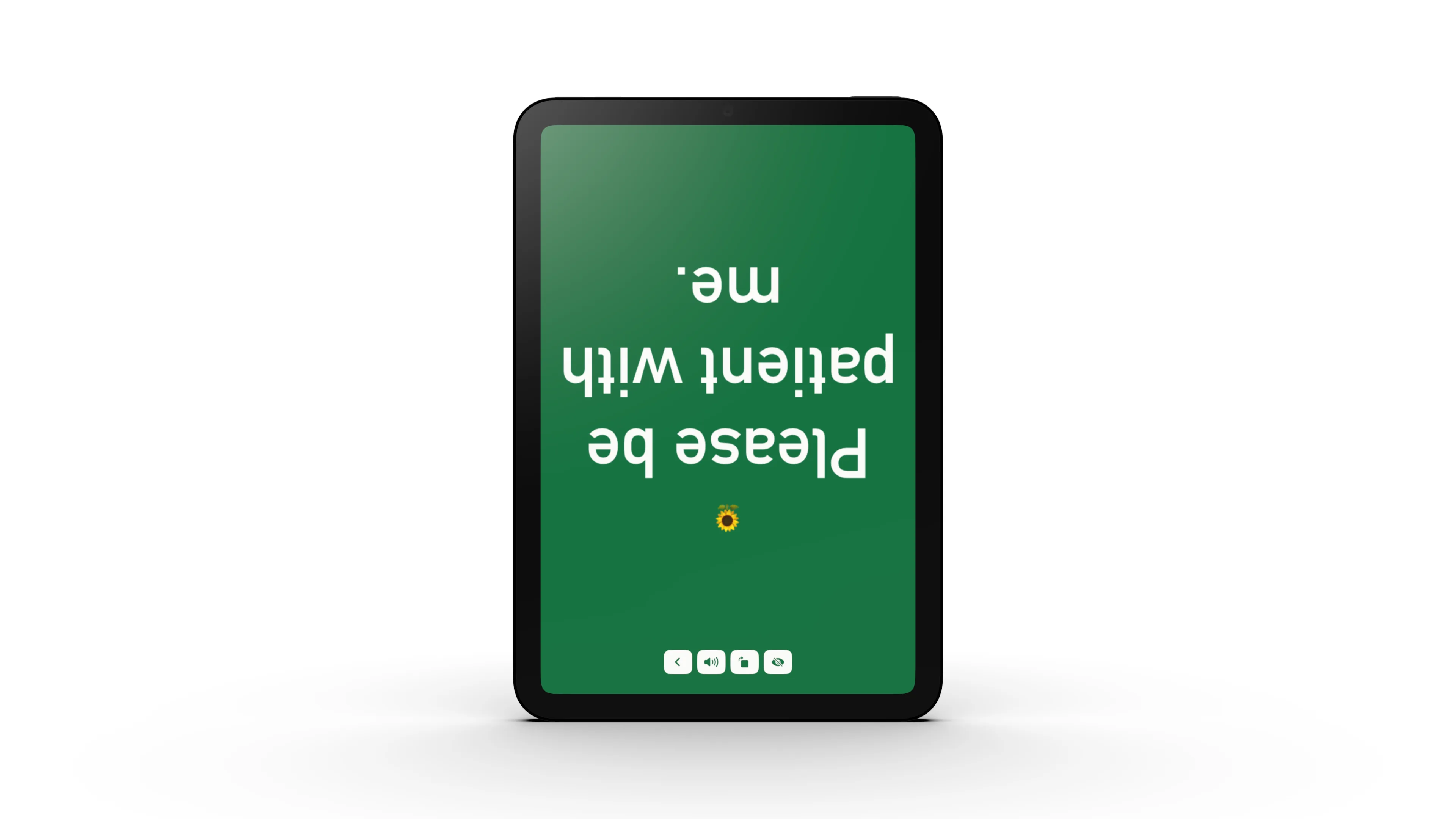 An outward-facing request reading Please be patient with me displayed in Walkie Talkie AAC on an iPad device mockup