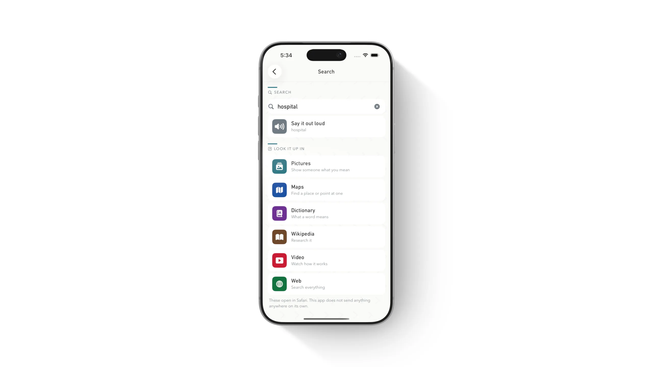 Walkie Talkie AAC search tools shown in an iPhone device mockup