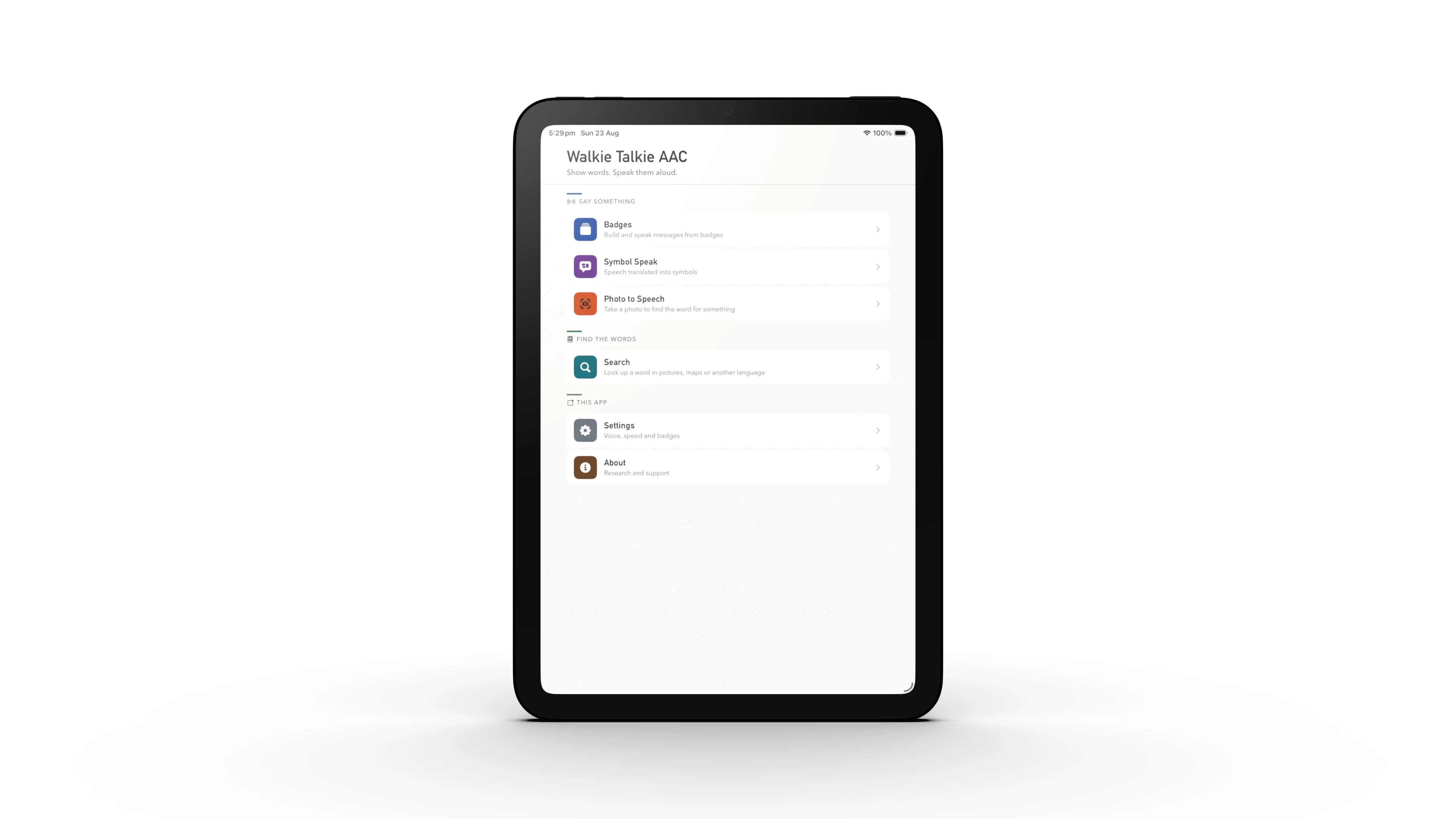 Walkie Talkie AAC home screen running on iPad