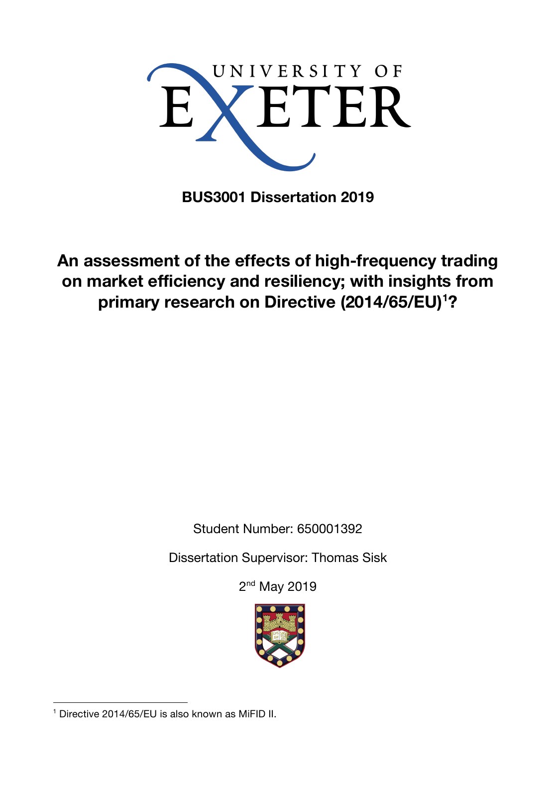 Title page of the undergraduate dissertation on high-frequency trading