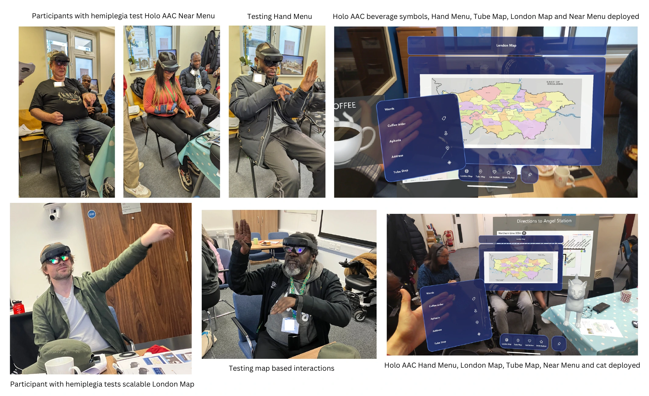 A collage of participants with aphasia testing Holo AAC hand menus, maps and gestures, including participants with hemiplegia