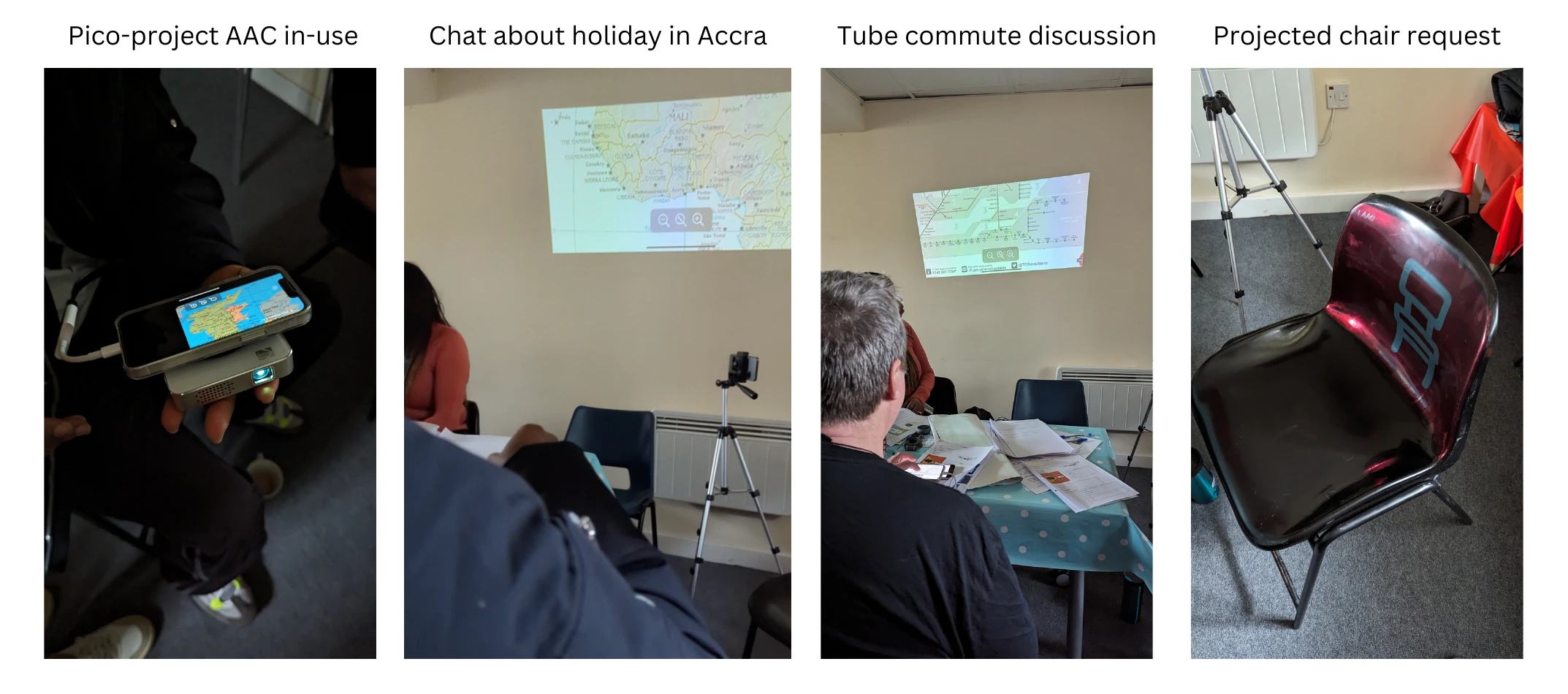 Pico-project AAC used to share a map of Accra, discuss a Tube journey and project a request onto a chair