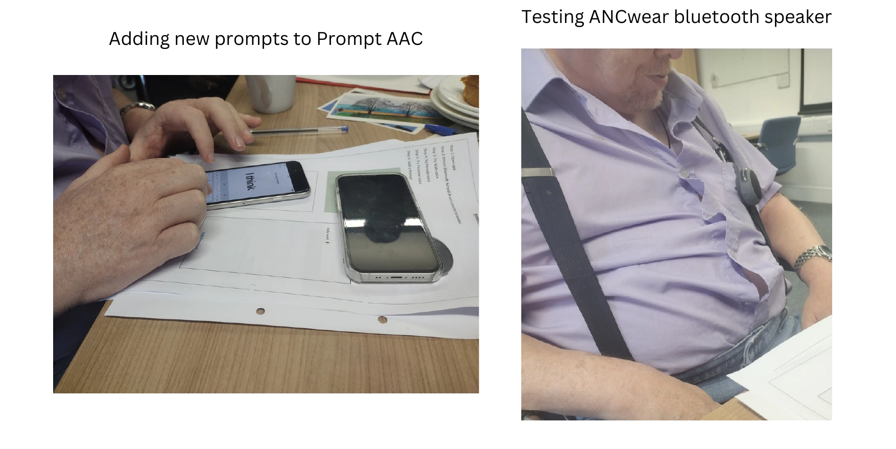 Participants adding a phrase to Prompt AAC and wearing its small Bluetooth speaker