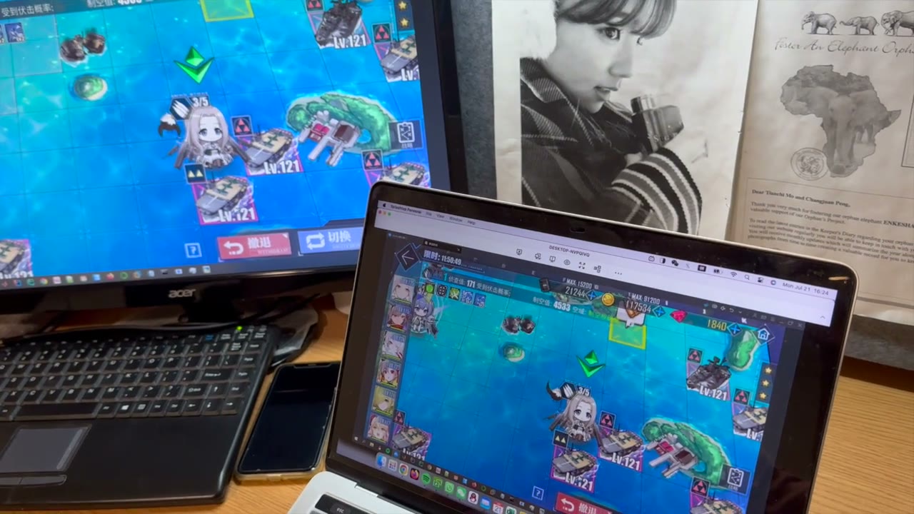 Maverick's laptop remotely controlling his desktop while the game Azur Lane runs in auto mode