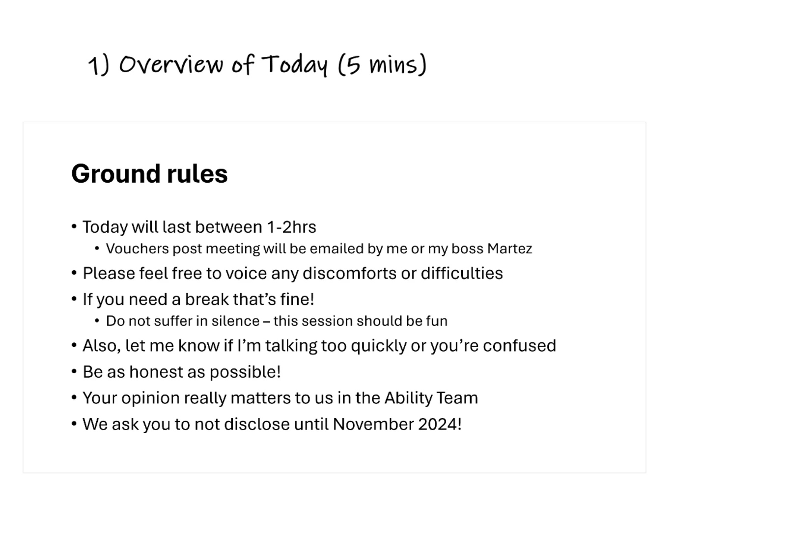 Stage 1 of Esther's workshop board, showing the session overview and accessible ground rules