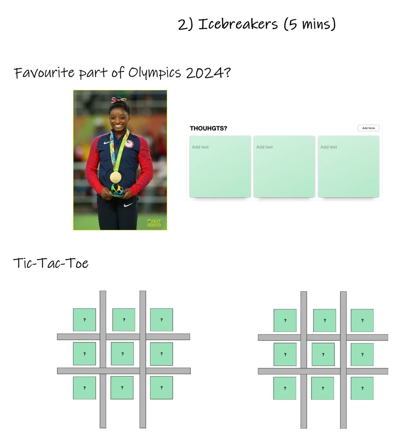 Stage 2 of Esther's workshop board, with an Olympics icebreaker, response notes and two sticky-note tic-tac-toe grids