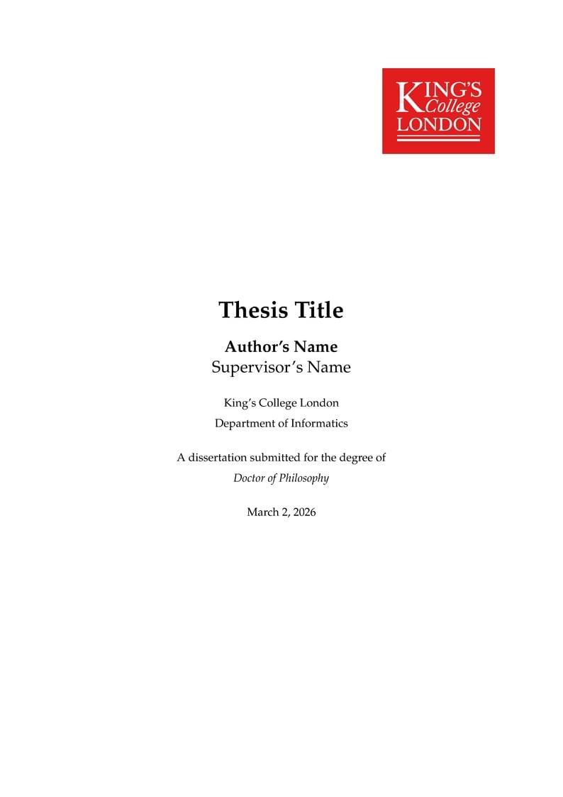 Preview of the KCL PhD thesis template cover on Overleaf