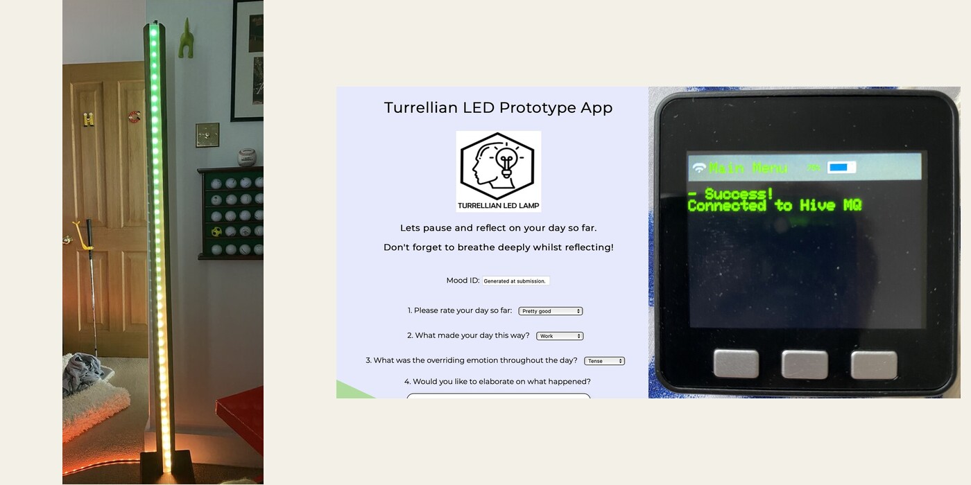 The working Turrellian LED Lamp in a room beside its reflective mood interface and M5Stack controller