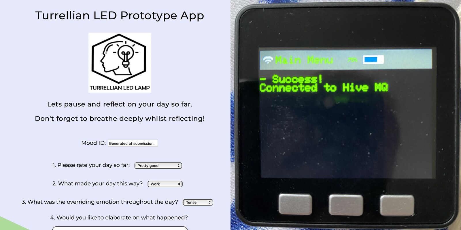 The Turrellian reflective mood app beside its connected M5Stack microcontroller