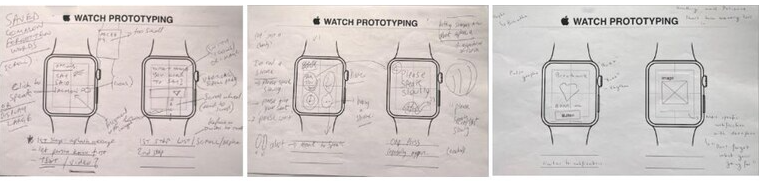 Three annotated watch interface sketches exploring saved phrases, public requests and private support