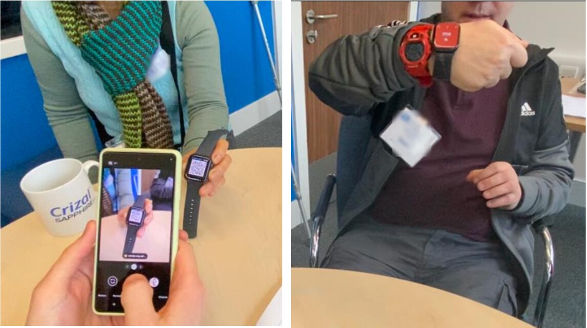 Participants using Watch Your Language on an Apple Watch during a focus group