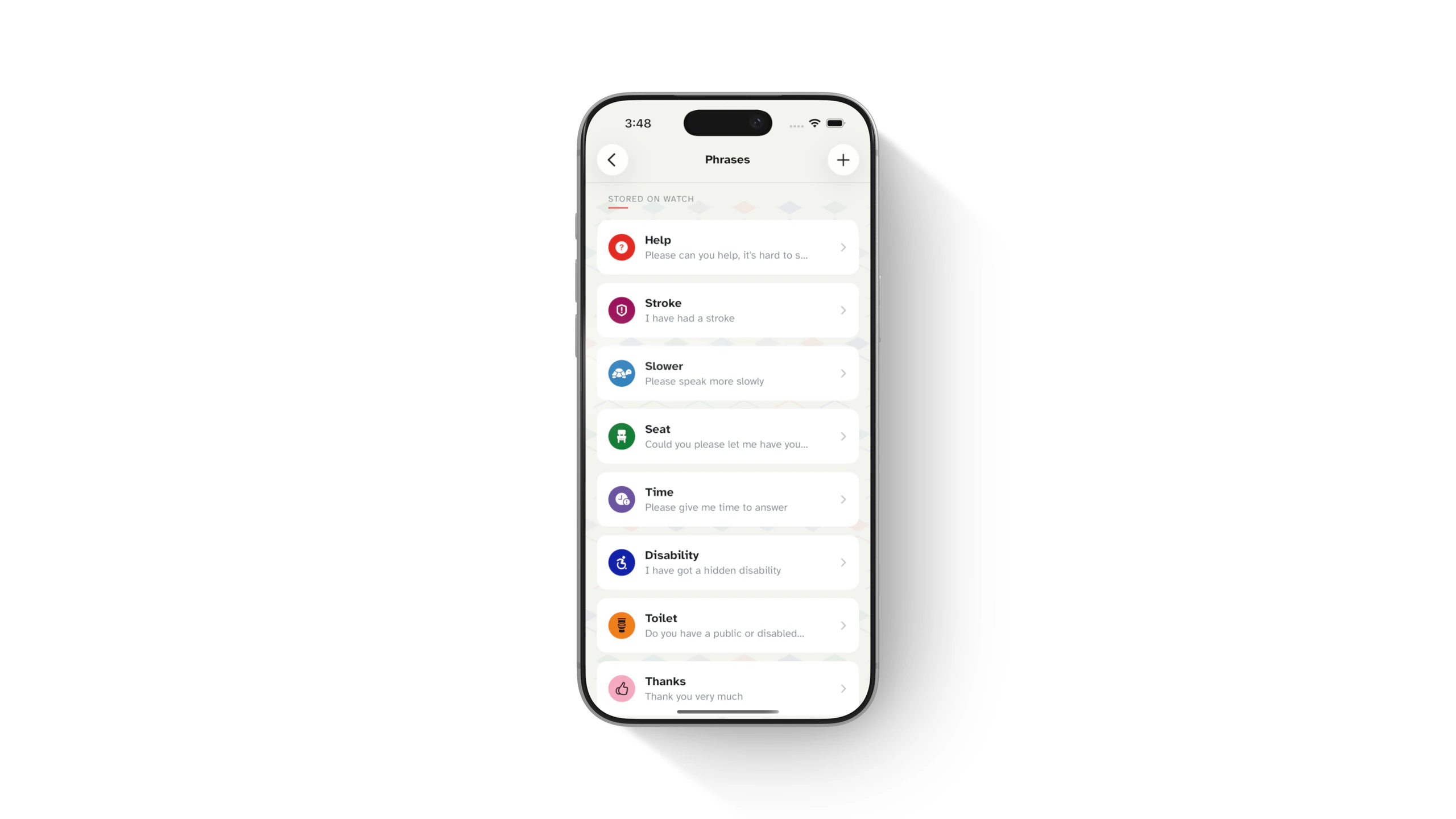 Watch Your Language phrase library shown in an iPhone device mockup