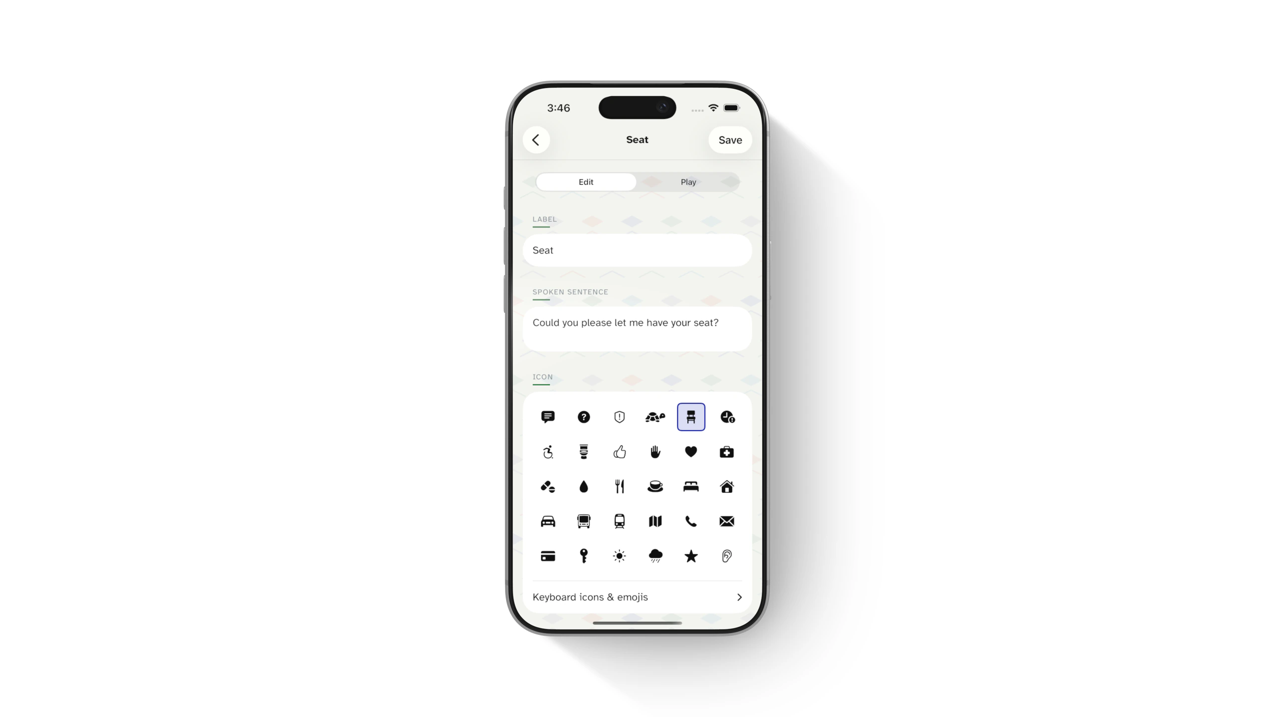 Watch Your Language phrase editor shown in an iPhone device mockup