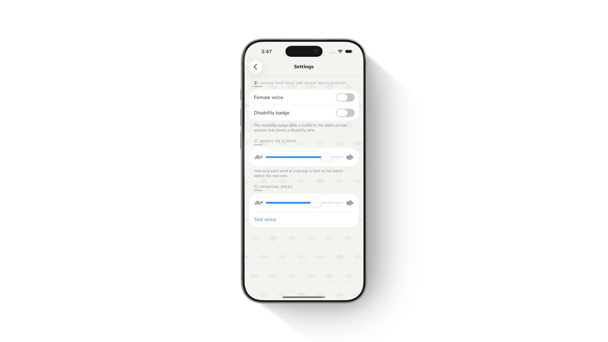 Watch Your Language settings shown in an iPhone device mockup