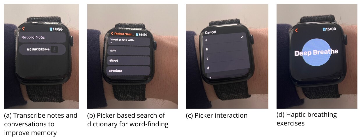 Watch In screens showing conversation transcription, a first-letter word picker and a breathing exercise
