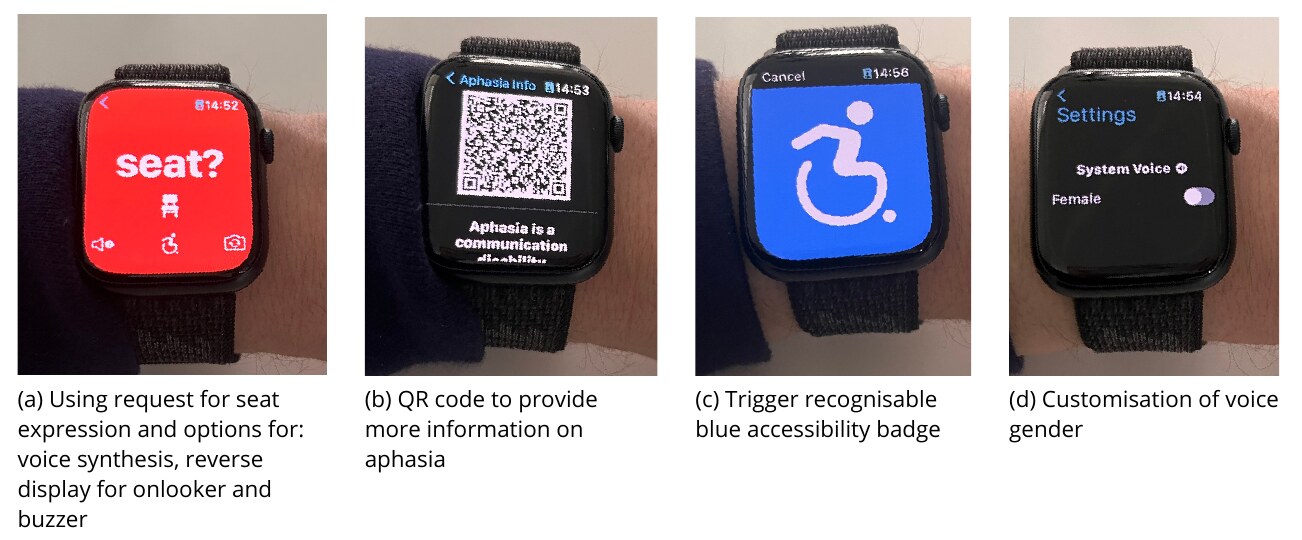 Watch Out screens showing a seat request, aphasia QR code, disability badge and voice settings