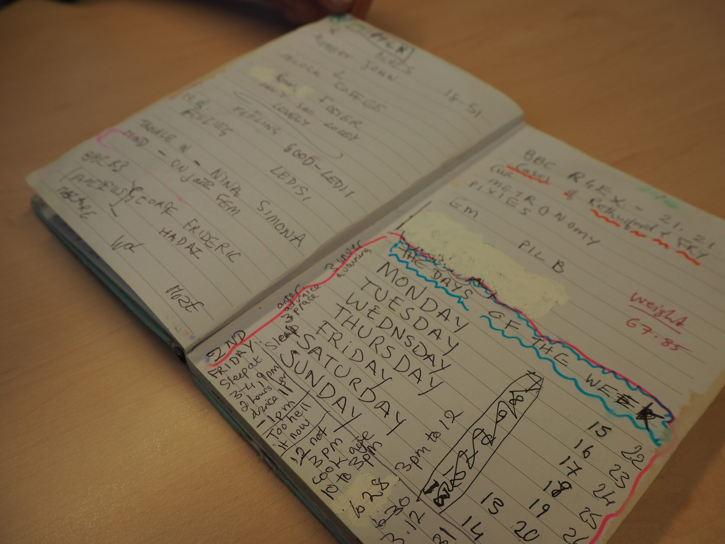 Diary showing days of the week written large, BBC Radio 4 Extra, Pixies, Blues Jam
