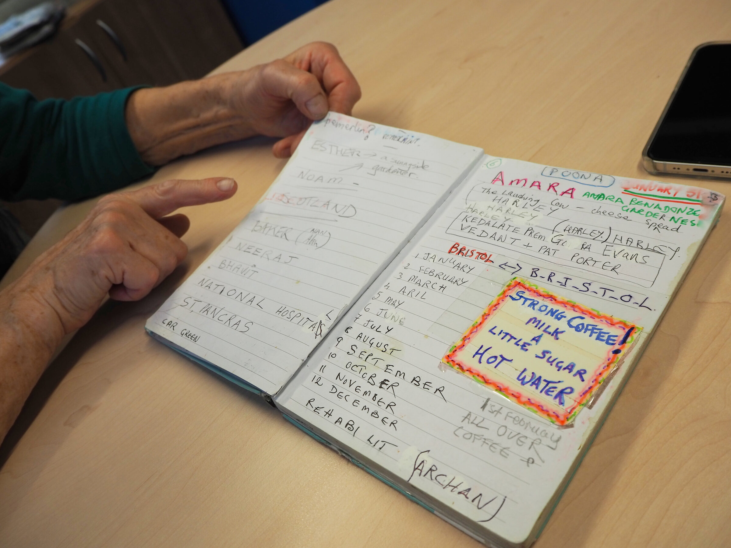 Diary page showing a colourful sticker: Strong Coffee! Milk, a Little Sugar, Hot Water