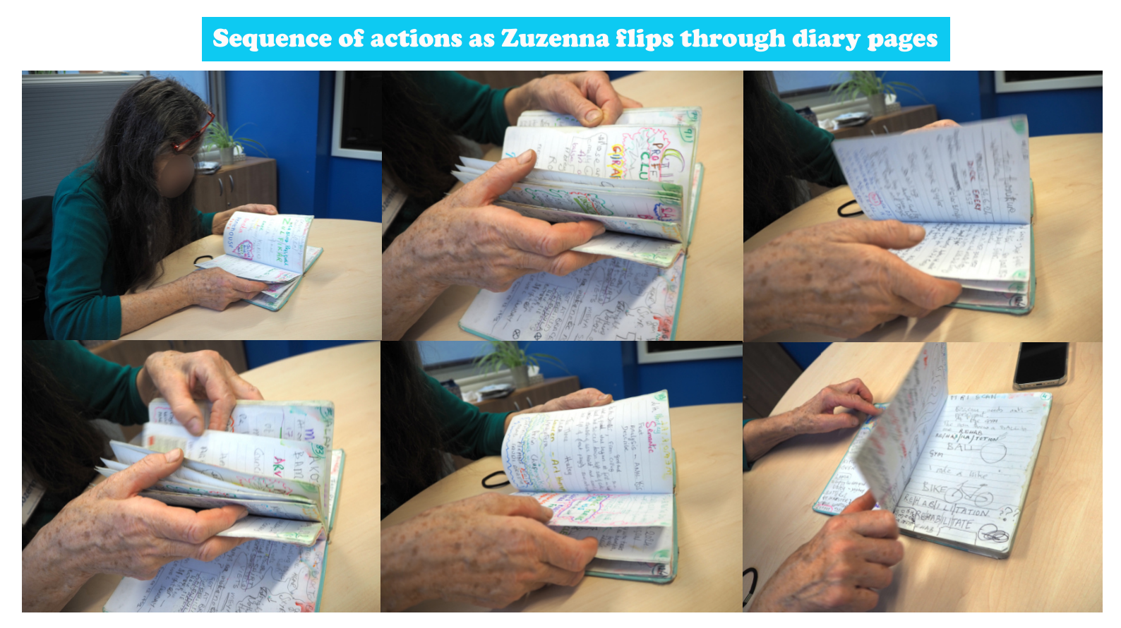 Zuzenna flipping through pages of her communication diary