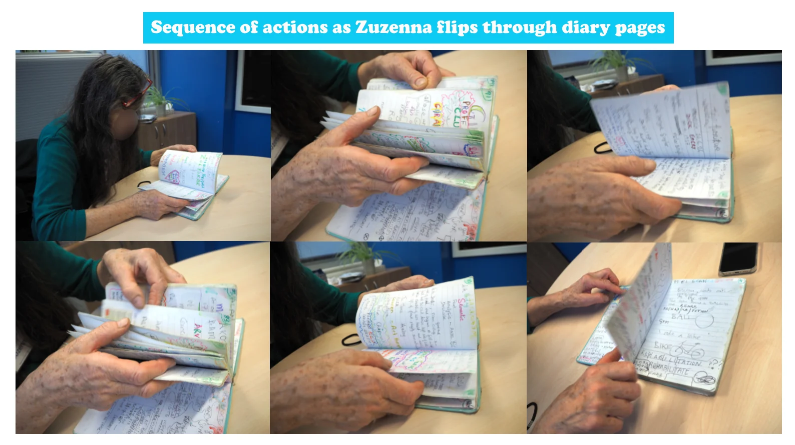 Zuzenna flipping through pages of her communication diary