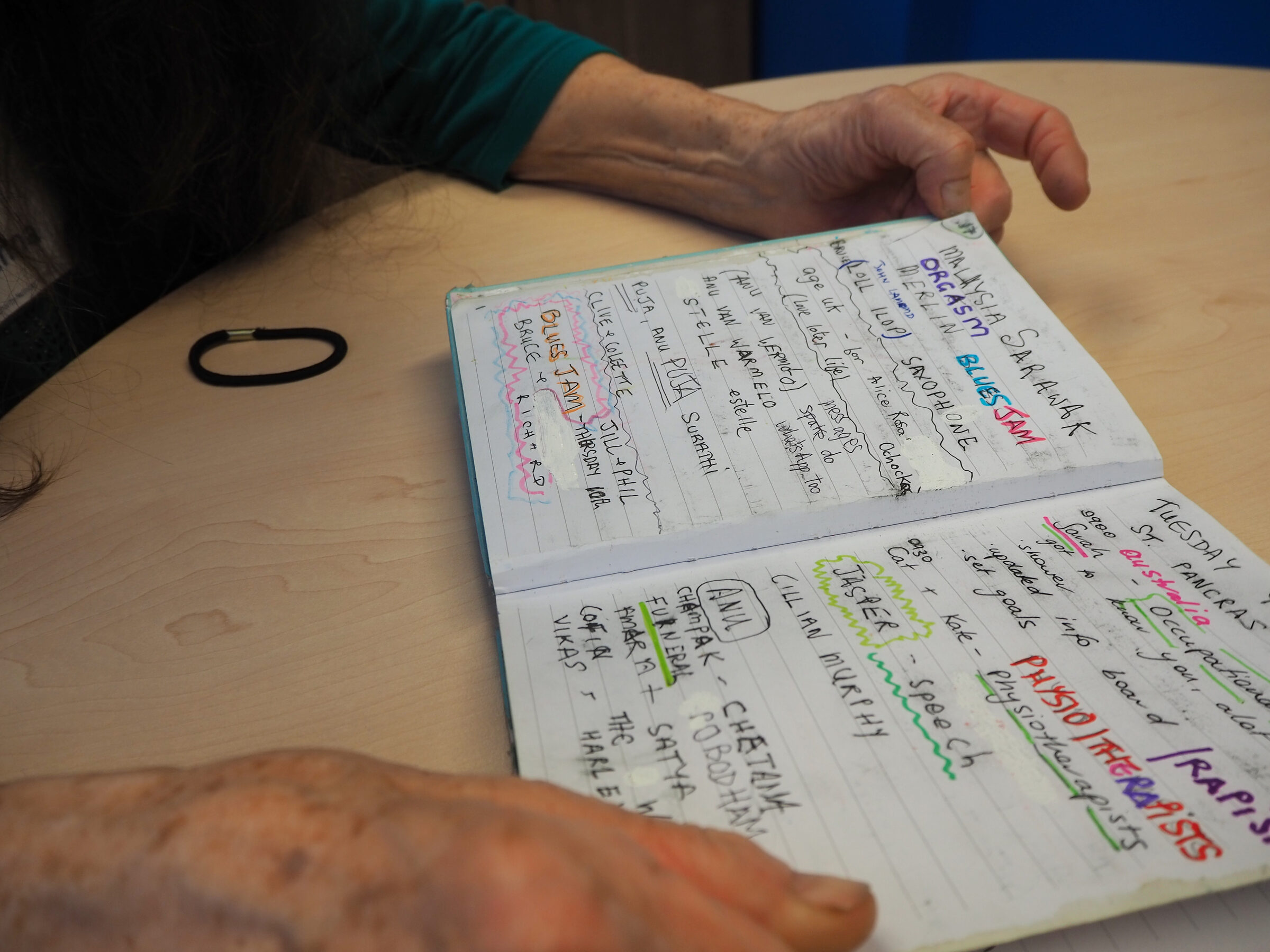 Diary spread showing MALAYSIA SARAWAK, ORGASM, MERLIN, BLUES JAM, SAXOPHONE in vivid coloured text, with Zuzenna's hands in frame