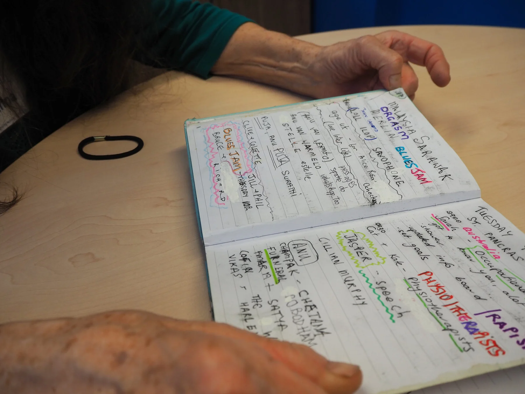 Diary spread showing MALAYSIA SARAWAK, ORGASM, MERLIN, BLUES JAM, SAXOPHONE in vivid coloured text, with Zuzenna's hands in frame