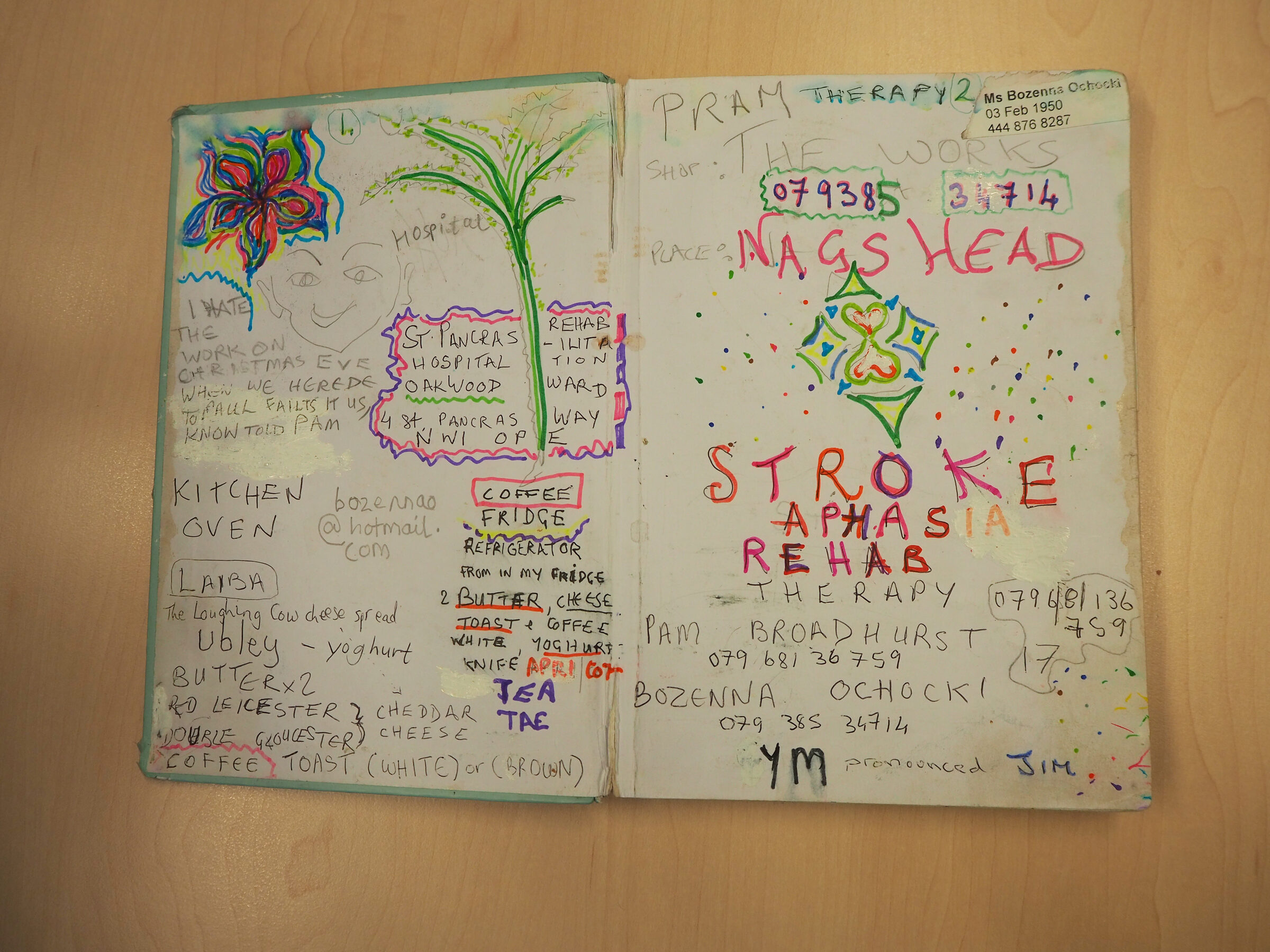 Open diary spread showing STROKE APHASIA REHAB written in large colourful letters