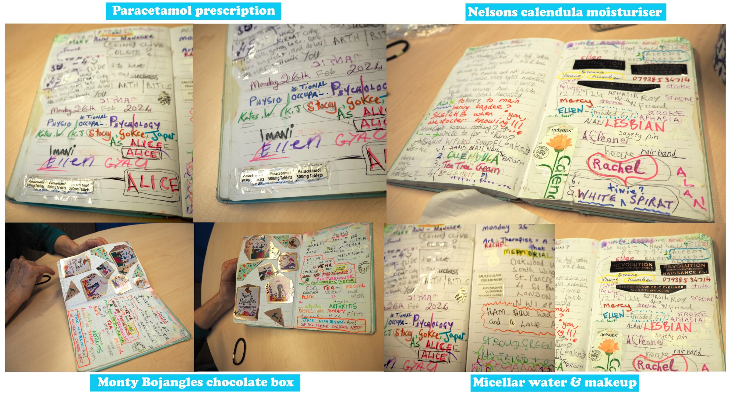 Selotape and paper artifacts from the diary