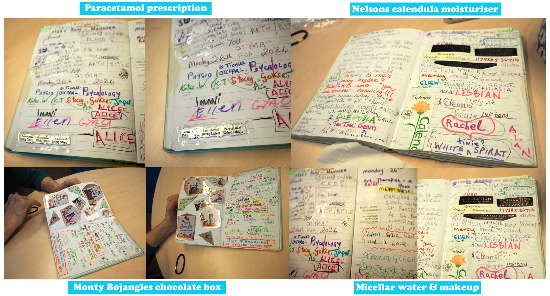 Selotape and paper artifacts from the diary